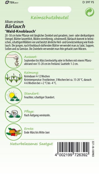 Bärlauch-Samenpackung mit Anweisungen zu Aussaat, Keimung, Standort, Pflege und Ernte