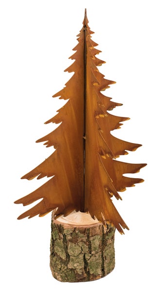 Dekorativer Weihnachtsbaum aus Metall mit Edelrost Patina auf einem Baumstamm als Sockel für die weihnachtliche Dekoration.