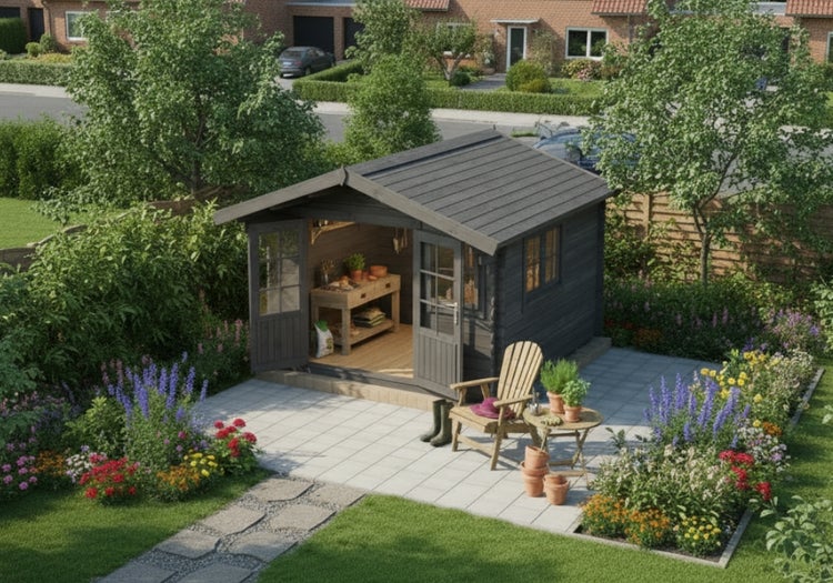 Gartenhaus mit Werkbank, Stuhl und Blumenbeeten in einem Garten