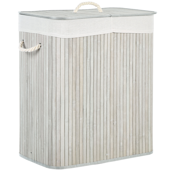 Wäschekorb aus Bambuslamellen mit Stoffeinsatz, Deckel und Seilgriffen.