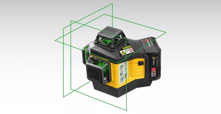Stabila Akku Multi Linienlaser zur präzisen Ausrichtung mit grünen Laserlinien für den Innen und Außenbereich.