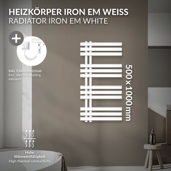 LuxeBath Elektrischer Badheizkörper Iron EM 500x1000 mm Weiß + Heizstab 300W mit Thermostat Touchbedienung, Handtuchheizkörper mit Heizpatrone, Elektro Handtuchwärmer Paneelheizkörper Designheizkörper