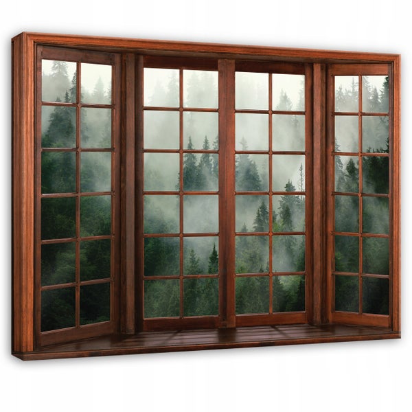 Wandbild mit 3D-Effekt eines dunklen Holzfensters mit Ausblick auf einen nebligen Nadelwald.