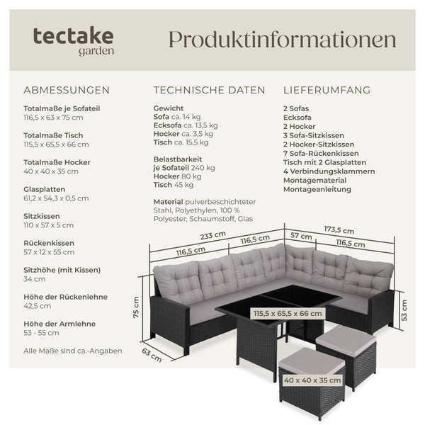 Rattan Lounge tectake Barletta mit Sicherheitsglasplatten für 6 bis 8 Personen schwarz