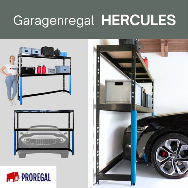 PROREGAL Logo, Garagenregal Hercules aus schwarzem Metall mit Holzböden, platzsparend über der Motorhaube vom Auto montierbar.