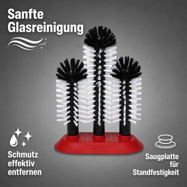Gläserreinigungsbürste mit drei Bürstenköpfen auf einer Saugplatte für die effektive und sanfte Reinigung von Gläsern.