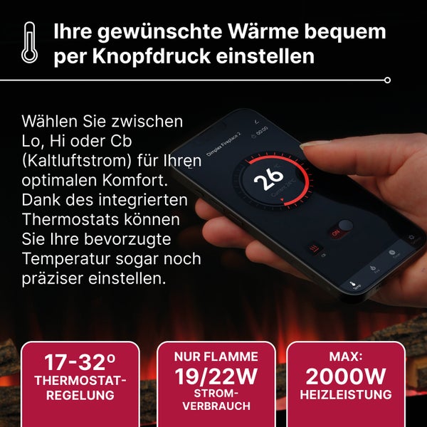 Steuerung eines elektrischen Kamins per Smartphone-App. Thermostatregelung 17 bis 32 Grad Celsius und maximale Heizleistung von 2000 Watt.