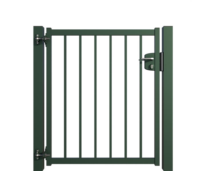 Gartentür aus Metall mit Schloss und vertikalen Stäben