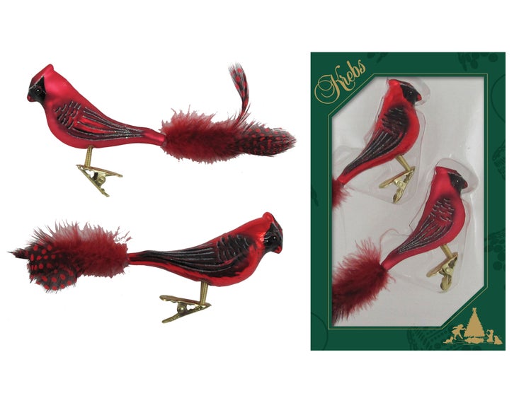 Rot 15cm Glasvogel Kardinal auf Clip mundgeblasen, handekoriert mit 6cm Federschwanz, 2 Stck., Weihnachtsbaumkugeln, Christbaumschmuck, Weihnachtsbaumanhänger