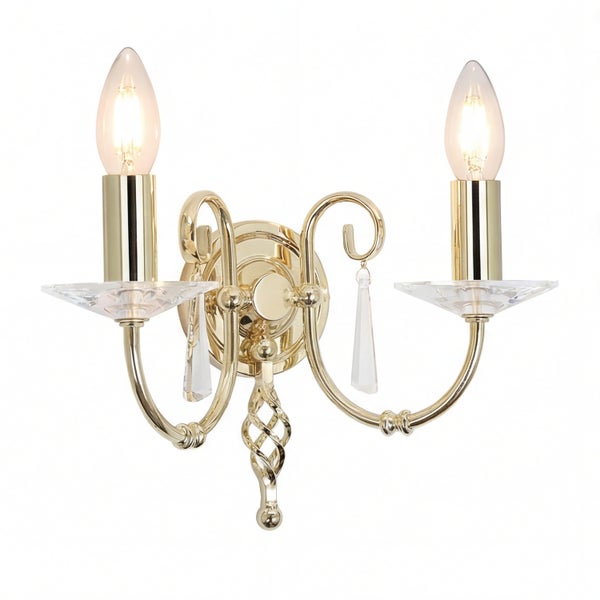 Goldene Wandleuchte mit zwei Lampen und Kristallverzierungen