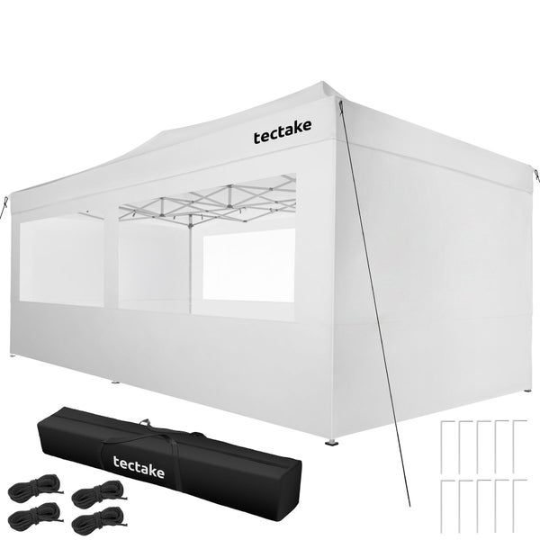 tectake Faltpavillon in Weiß mit Seitenwänden, Fenstern, Tragetasche, Seilen und Heringen.