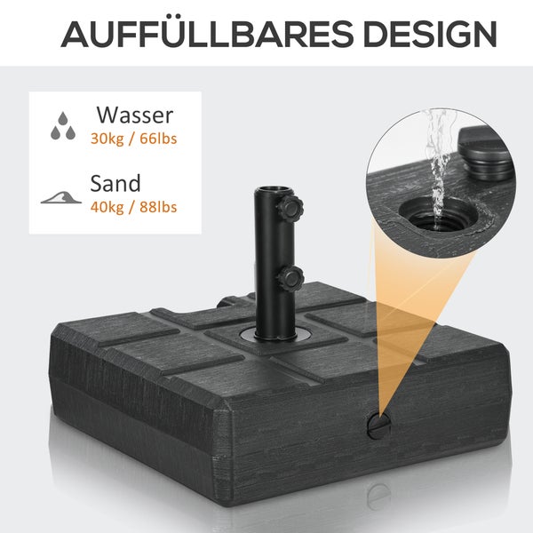 Outsunny Sonnenschirmständer bis 40 kg befüllbar Schirmständer mit Griff, Quadratisch Schirmhalter, Schirmgewicht, Ständer für Sonnenschirm Ø32/38/48 mm, für Balkon, Terasse, Garten, Schwarz