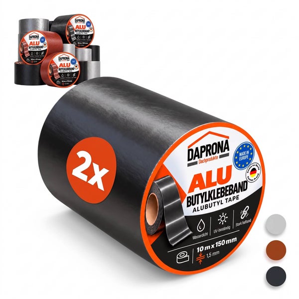 Zwei Rollen Daprona Alubutyl Klebeband wasserdicht und UV beständig 10 Meter mal 150 Millimeter