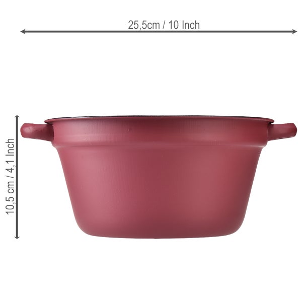 Roter Kochtopf mit Griffen, Breite 25,5 Zentimeter, Höhe 10,5 Zentimeter.