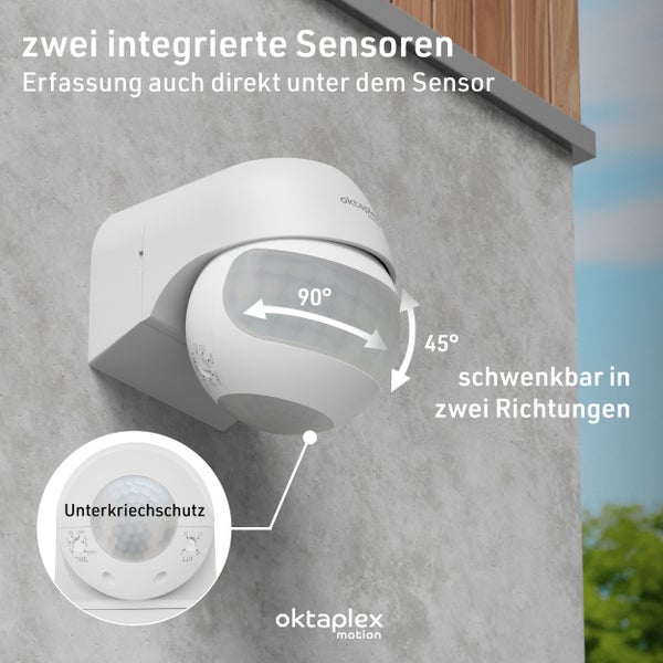 Oktaplex Anja Bewegungsmelder Außen Bewegungssensor schwenkbar 180 Grad PIR-Sensor 12m Reichweite für Innen und Außen weiß