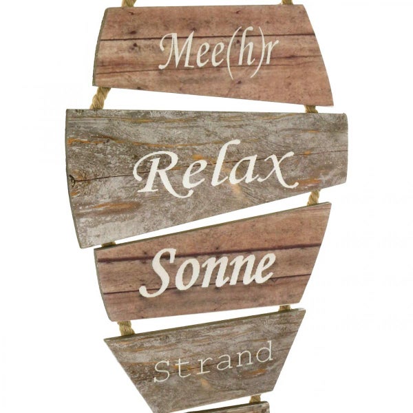 Dekoratives Holzschild mit den Aufschriften Meer, Relax, Sonne und Strand