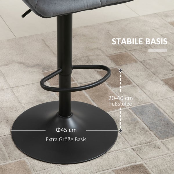 Drehbarer Barhocker mit weichem Stoffbezug und schwarzem Gestell.