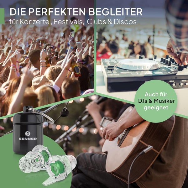 Senner MusicPro - Gehörschutz Ohrstöpsel Konzert, Festival, Musik und Party - Gehörschutz für Musiker, mit Schlüsselanhänger - Hi-Fi Gehörschutzstöpsel Earplugs | SNR 19 dB, transparent/grün