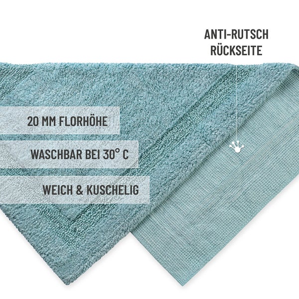 Badematte mit 20 Millimeter Florhöhe, rutschhemmender Rückseite, waschbar bei 30 Grad Celsius, weich und kuschelig.
