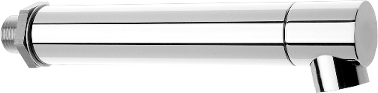 Zylindrischer Wandauslauf aus verchromtem Metall für Waschbecken oder Badewanne.