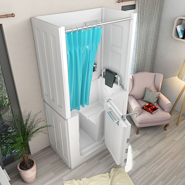 Maßskizze einer Dusche mit Badewanne und Sitz. Höhe 205 Zentimeter, Breite 110 Zentimeter, Tiefe 68 Zentimeter, Einstieg 19 Zentimeter.