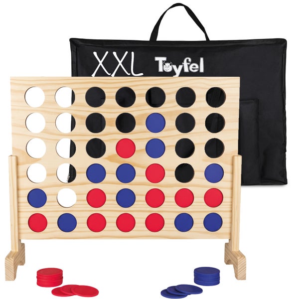 XXL Vier gewinnt Spiel aus Holz mit Spielsteinen und Aufbewahrungstasche mit XXL Toyfel Logo