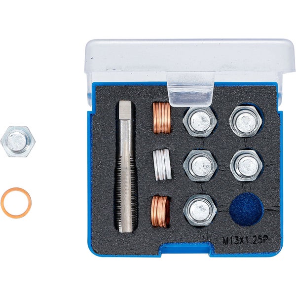 Gewindereparaturset im Kasten mit Gewindebohrer, Muttern und Dichtungen