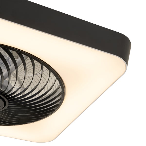Quadratischer Deckenventilator mit integrierter LED-Beleuchtung und schwarzem Rahmen.