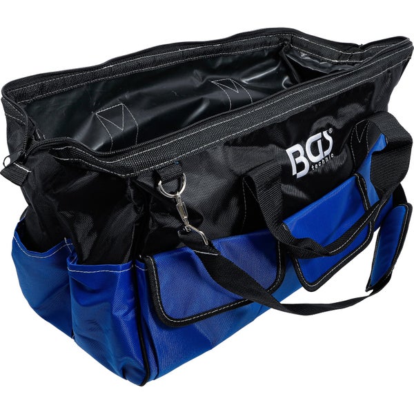 Offene Werkzeugtasche aus Textil in Schwarz und Blau mit Schultergurt und mehreren Außentaschen. BGS technic Logo.