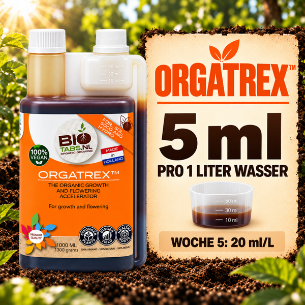 BioTabs Orgatrex organischer Wachstums und Blütedünger in einer 1000 Milliliter Flasche mit Dosierkammer für Pflanzen.