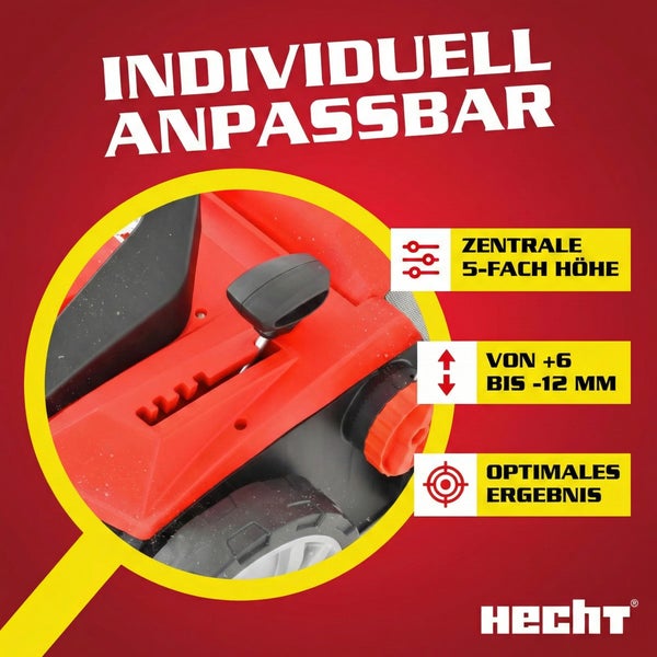 Detailansicht eines Rasenmähers mit zentraler fünffacher Höhenverstellung von plus 6 bis minus 12 Millimeter für ein optimales Ergebnis, Hecht Logo