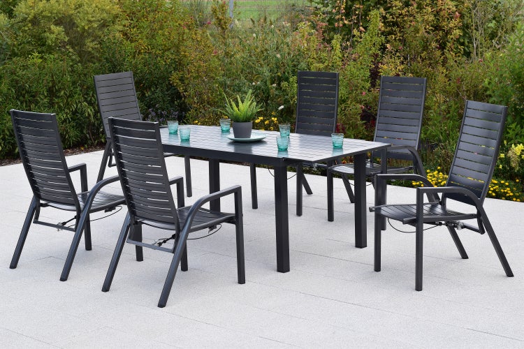Siros Gartenmöbelset 7tlg., 6 Sessel verstellbar durch Gasdruck, Ausziehtisch 150 (200) x 90 cm, Tischplatte aus Aluminium