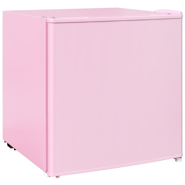 Rosa Mini-Kühlschrank in kompakter Würfelform mit einer Tür.