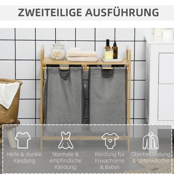 HOMCOM Bambus Wäschekorb 2 Fächer Wäschesammler mit Griff, 2 abnehmbaren Wäschesacke, Plattform, Wäschebox Wäschesortierer für Waschküche Schlafzimmer Badezimmer Natur+Grau