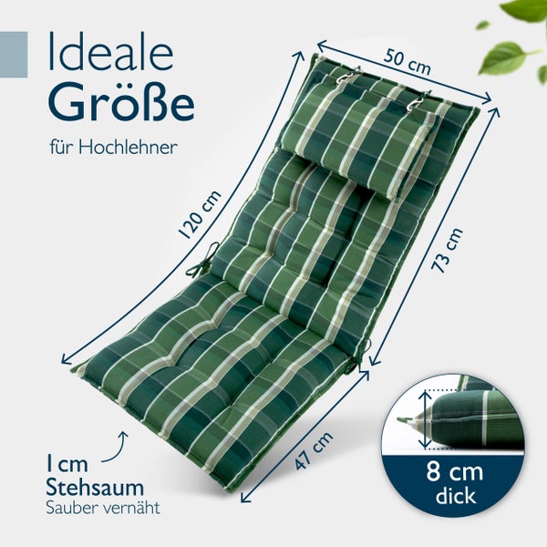 Gartenstuhlauflage mit den Maßen 50 x 120 x 73 x 47 Zentimeter und einer Dicke von 8 Zentimetern