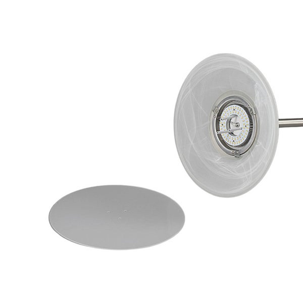 Deckenleuchte mit LED-Leuchtmittel, Glasschirm in Alabaster-Optik und runder Glasplatte.