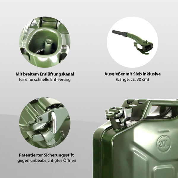 3x Kraftstoffkanister Dieselkanister 20 Liter Metallkanister Olivgrün mit Ausgießer