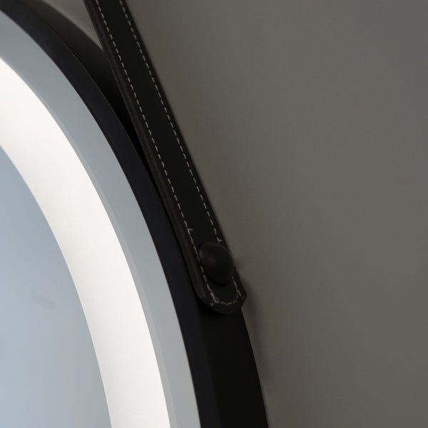 LED-Hintergrundbeleuchteter Runder Spiegel mit Touch-System und Schwarzer Kunstlederschnur 60cm