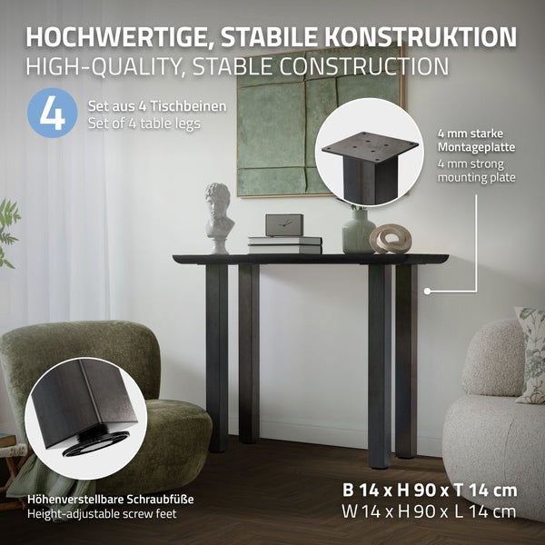 Set aus 4 Metall-Tischbeinen, 4 Millimeter Montageplatte, höhenverstellbare Schraubfüße, Maße 14 mal 90 mal 14 Zentimeter.