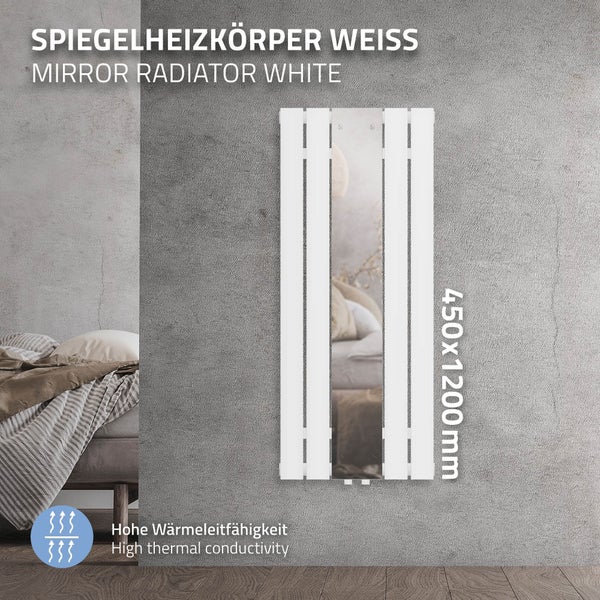 ML-Design Badheizkörper Flach 1200 x 450 mm Weiß mit Spiegel, Spiegelheizkörper Glasheizkörper, Design Paneelheizkörper Mittelanschluss Heizung, Flachheizkörper Vertikal Einlagig, inkl. Montage-Set