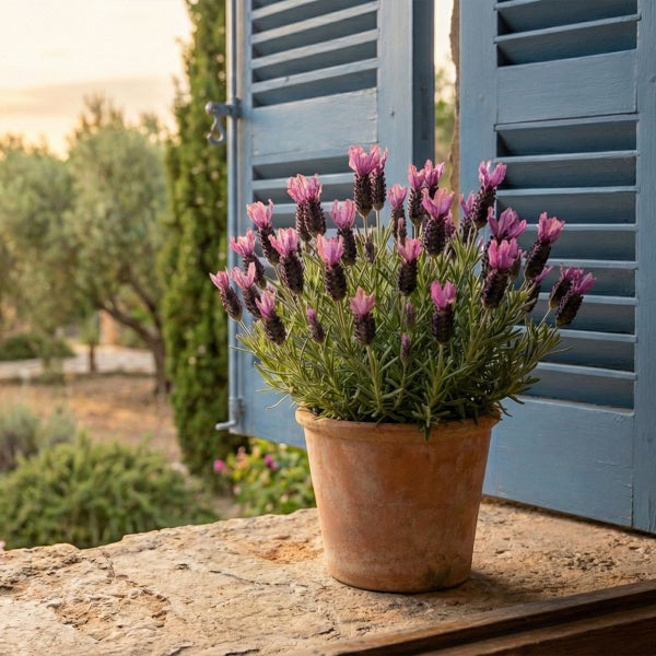 Lavendel in einem Terrakottatopf auf einer Steinfensterbank vor blauen Fensterläden.