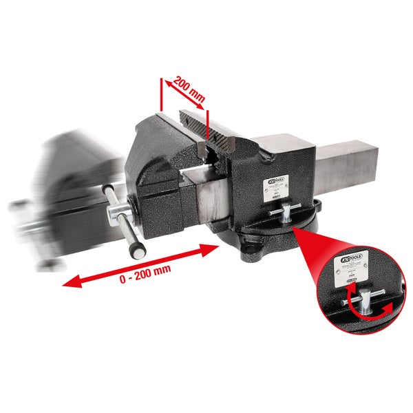 Ein schwerer Werkbank Schraubstock von KS Tools mit einer Spannweite von 200 Millimeter und einer drehbaren Basis.