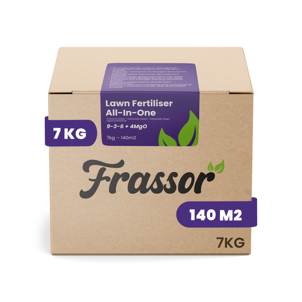 Frassor Rasendünger All-In-One, 7 Kilogramm für 140 Quadratmeter, organischer Dünger in Kartonverpackung.