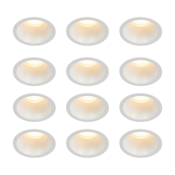 Zwölfer-Set runde LED-Einbaustrahler in Weiß mit warmweißem Licht.