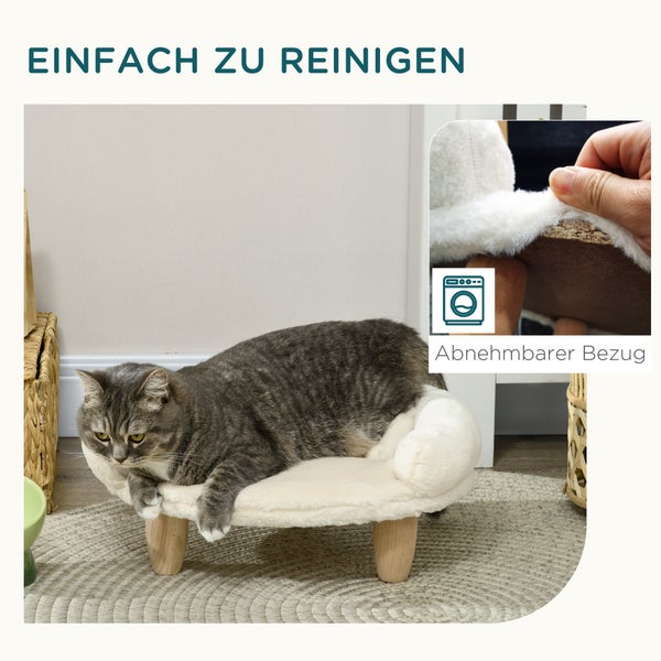 PawHut Hundesofa, Hundebett, Haustiersofa mit Erhöhtem Design, Hundecouch, Katzensofa, Hundesessel mit Holzbeine, Flanelle, Creme, 47 x 40 x 20 cm