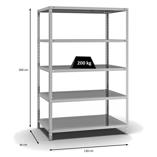 PROREGAL Fachbodenregal Schraubsystem Medium-Duty Grundregal HxBxT 200 x 130 x 80 cm 5 Ebenen Fachlast 200 kg Beidseitig Nutzbar Verzinkt