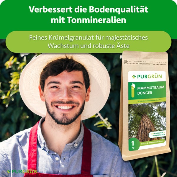Ein glücklicher Gärtner mit einem Beutel Purgrün Mammutbaum Dünger mit Magnesium und Tonmineralien in der 1 Kilogramm Packung.