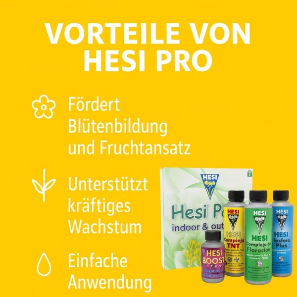 Vorteile von Hesi Pro Pflanzendünger: Fördert Blütenbildung und Fruchtansatz, unterstützt kräftiges Wachstum und bietet eine einfache Anwendung.