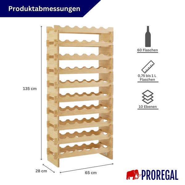 Weinregal aus Holz für 60 Flaschen auf 10 Ebenen. Maße: Höhe 135 Zentimeter, Breite 65 Zentimeter, Tiefe 28 Zentimeter.