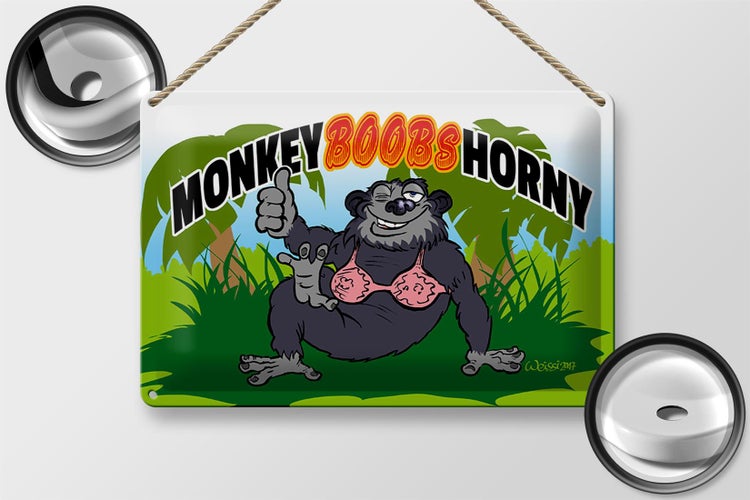 Blechschild Spruch 30x20cm Monkey Boobs Horny Affe im BH